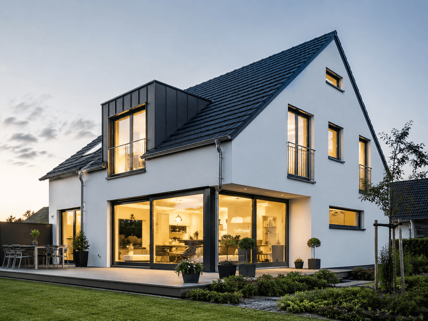 Einfamilienhaus mit großen Fensterfronten in der Abenddämmerung